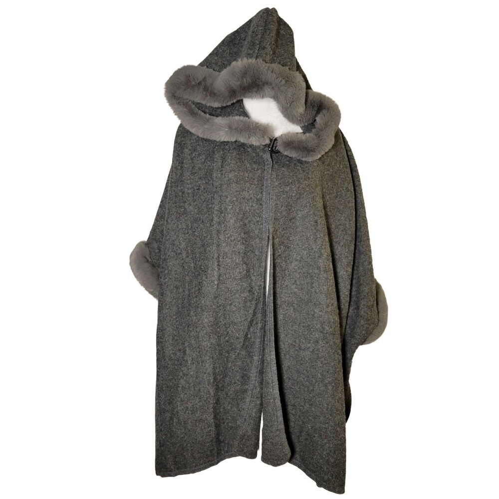 Gray Hooded Cape Poncho Fur Trim Cloak Wrap Shawl One Size Cozy Cabincore Gothic